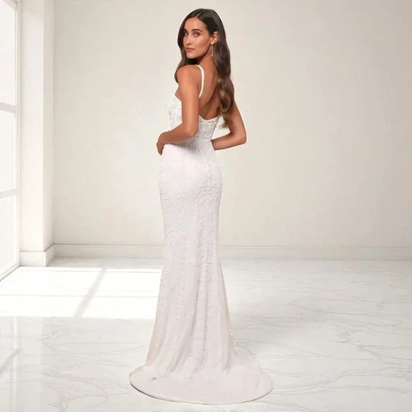 Lulus Momentous Love White Beaded Bustier Mesh Mermaid Maxi Dress Size Large - Picture 4 of 16